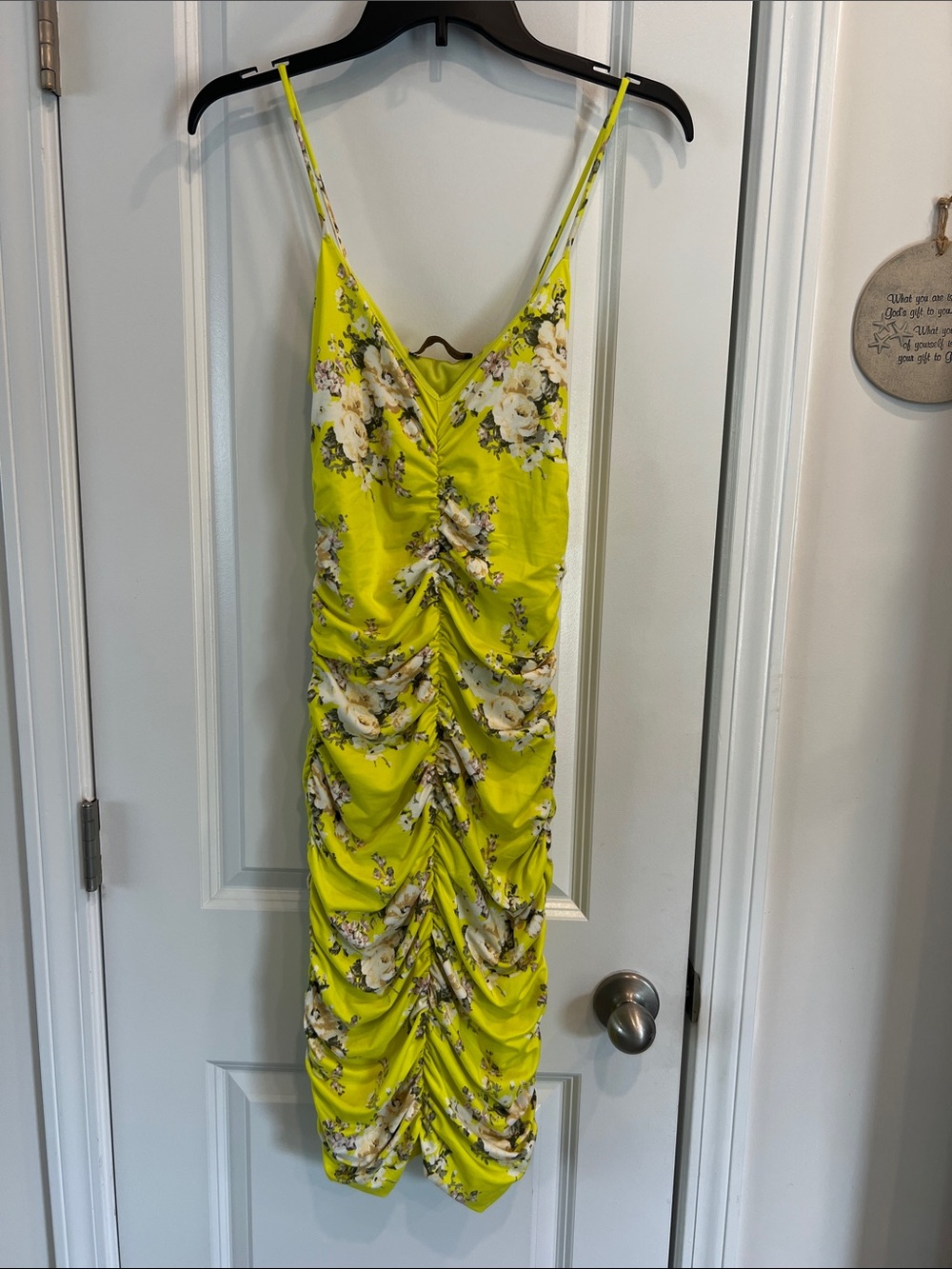 Vintage Floral Ruched Slip Dress in Neon Yellow